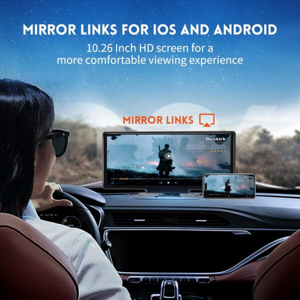10.26" HD Wireless Android & Carplay Screen for Car, Portable Touchscreen Car Stereo with 4K Dash Cam, 1080P Backup Camera, Bluetooth, AUX/FM, Siri, Mirror Link, GPS Navigation - Image 3