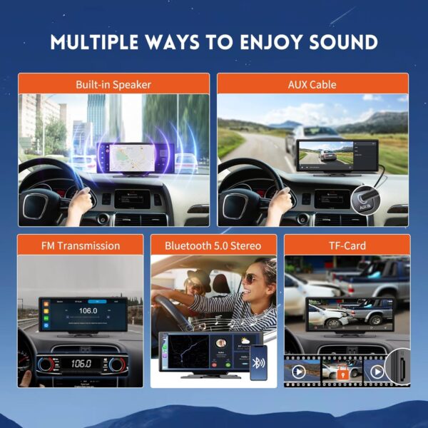 10.26" HD Wireless Android & Carplay Screen for Car, Portable Touchscreen Car Stereo with 4K Dash Cam, 1080P Backup Camera, Bluetooth, AUX/FM, Siri, Mirror Link, GPS Navigation - Image 2
