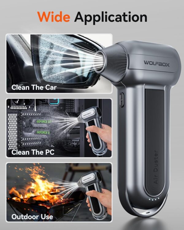 WOLFBOX MF100 Electric Air Duster-150000RPM Super Power Cordless Air Duster, Rechargeable Brushless Motor Durable Blower, 3-Gear Adjustable Dust Blower for Computer, Keyboard, Outdoor, House and Car - Image 4
