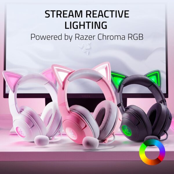 Razer Kraken Kitty V2 USB Wired Headset: Chroma RGB Kitty Ears - Stream Reactive Lighting - HyperClear Cardioid Mic - 40 mm Drivers - 7.1 Surround Sound - Comfortable Ear Cushions - Quartz Pink - Image 8