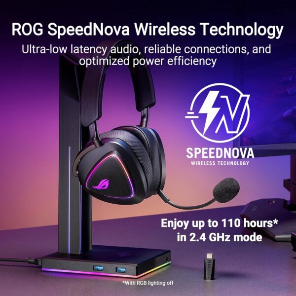ASUS ROG Delta II Wireless Gaming Headset (BT, ROG SpeedNova 2.4GHz, 3.5mm, 50mm Titanium-Plated Drivers, 10mm Super-Wideband Mic, 110HR Battery, DualFlow Audio, for PC, Switch, PS5, Xbox)- Black - Image 2