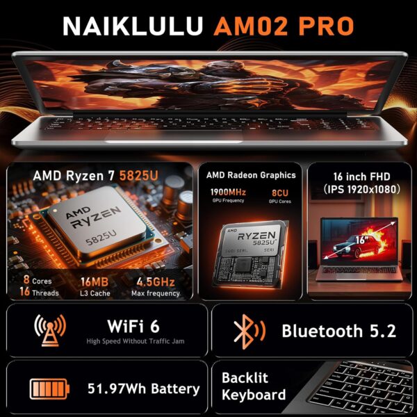 2025 Gaming Laptop 16 Inch Laptop Computer with Ryzen 7 5825U Processor, 32GB DDR4, 1T SSD, FHD Display 1920*1080P, Win 11 PRO, WiFi 6, Backlit Keyboard, HDMI, for Student, Office, Business - Image 8