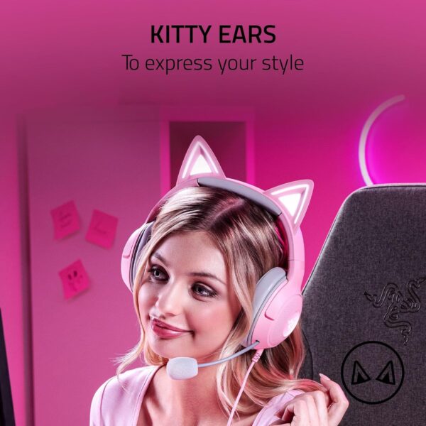 Razer Kraken Kitty V2 USB Wired Headset: Chroma RGB Kitty Ears - Stream Reactive Lighting - HyperClear Cardioid Mic - 40 mm Drivers - 7.1 Surround Sound - Comfortable Ear Cushions - Quartz Pink - Image 9