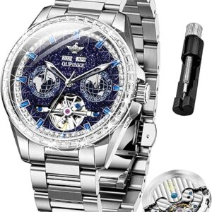 OUPINKE Mens Automatic Watches Diamond Skeleton Self Winding Luxury Dress Wrist Watch Sapphire Crystal Tungsten Steel