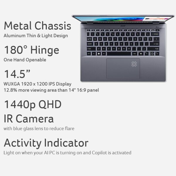 Acer Swift Go 14 AI Copilot+ PC | 14.5" 2.5K 120Hz Display | Unlock AI Experiences | Snapdragon X Plus 8-Core Processor | 16GB RAM | 1TB Gen 4 SSD | Wi-Fi 7 | Windows 11 Home | SFG14-01-X006 - Image 11