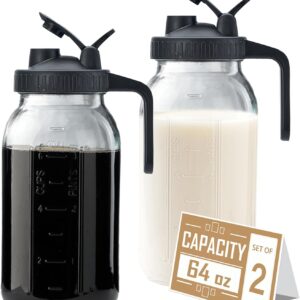64oz Glass Pitcher with Lid - 2 Quart Mason Jar Pitcher with Spout, Leak-proof Milk Container for Refrigerator, Easy to Clean Wide Mouth Water Jug, Juice, Tea, Iced Coffee, Beverage and Drinks