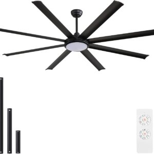 WINGBO 72 Inch Industrial Ceiling Fan with Light and Remote, 8 Aluminum Blades Ceiling Fan, 3CCT, 6-Speed Reversible Noiseless DC Motor for Kitchen Bedroom Living Room, Matte Black