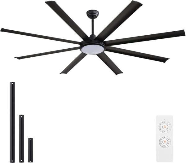 WINGBO 72 Inch Industrial Ceiling Fan with Light and Remote, 8 Aluminum Blades Ceiling Fan, 3CCT, 6-Speed Reversible Noiseless DC Motor for Kitchen Bedroom Living Room, Matte Black