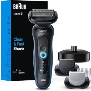 Braun Electric Shaver for Men, Series 5 5150cs, Wet & Dry Shave, Turbo Shaving Mode, Foil Shaver, with Beard Trimmer, Body Groomer and Charging Stand, Blue