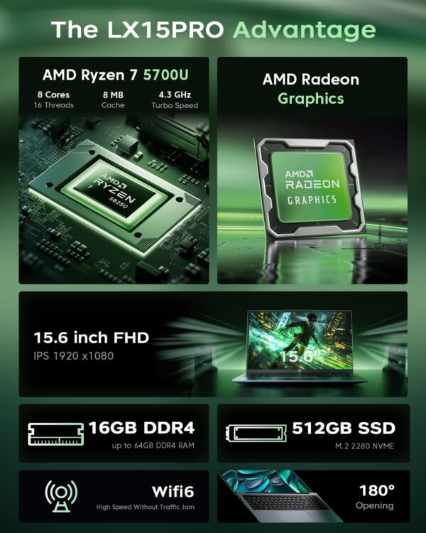 ACEMAGIC 2025 LX15Pro Laptop, Laptop Computer, AMD Ryzen-7 5700U(8C/16T, Up to 4.3GHz), 16GB RAM 512GB NVMe SSD, 15.6" FHD IPS Display, Windows 11 Laptop, WiFi 6 BT5.2, HDMI Type-C, Office/Home Laptop - Image 7