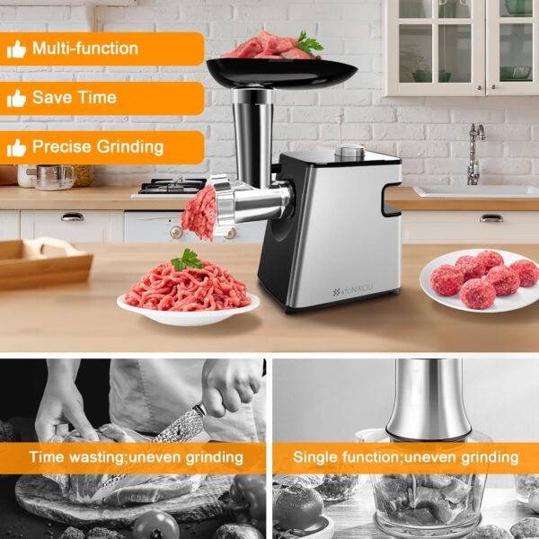 Electric Meat Grinder, Cheese Grater, 2800W Max Stainless Steel Veggie Shredder, Vegetable Cutter with 5 Slice Blades, 3 Grinding Plates, Sausage Stuffer & Kubbe Kit, for Home Kitchen Use - Image 4
