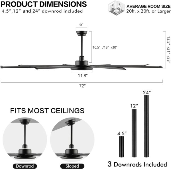 WINGBO 72 Inch Industrial Ceiling Fan with Light and Remote, 8 Aluminum Blades Ceiling Fan, 3CCT, 6-Speed Reversible Noiseless DC Motor for Kitchen Bedroom Living Room, Matte Black - Image 8