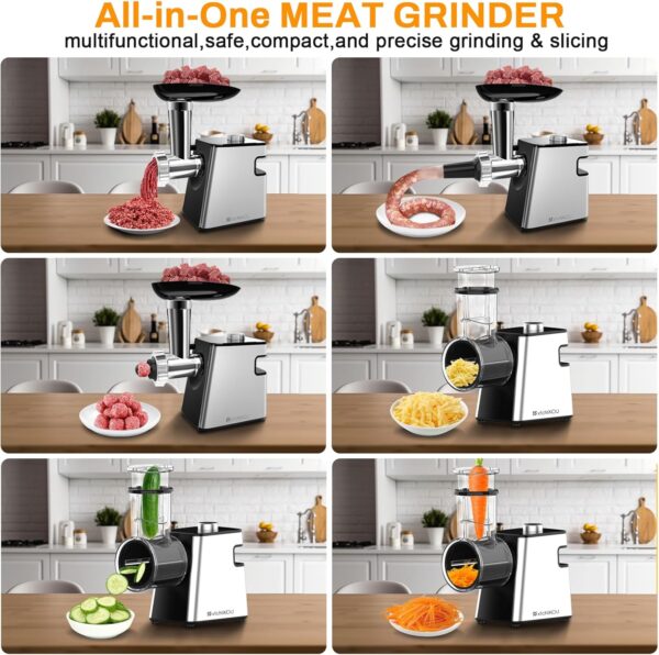 Electric Meat Grinder, Cheese Grater, 2800W Max Stainless Steel Veggie Shredder, Vegetable Cutter with 5 Slice Blades, 3 Grinding Plates, Sausage Stuffer & Kubbe Kit, for Home Kitchen Use - Image 6