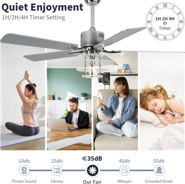 52 Inch Low Profile Ceiling Fans with Lights Chandelier Ceiling Fan with Remote Control 6-Speed Noiseless Reversible DC Motor Windmill Ceiling Lighting Fan for Kitchen Bedroom Living Room Patio - Image 3
