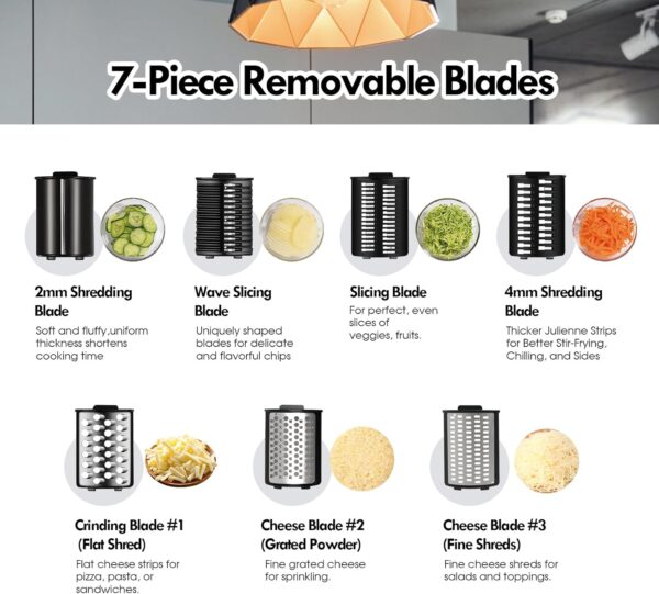Electric Cheese Grater,Electric Cheese Grater for Block Cheese with 7 Different Shapes of Blades, 250W Electric Slicer Shredder, Electric Salad Machine for Cheeses, Fruits, Vegetables - Image 8