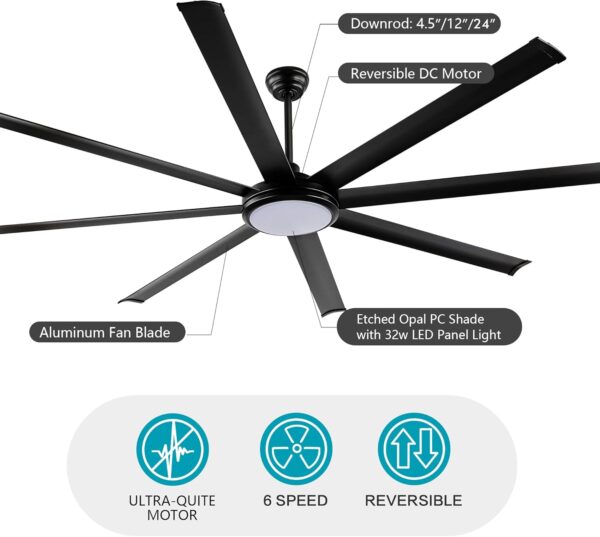 WINGBO 72 Inch Industrial Ceiling Fan with Light and Remote, 8 Aluminum Blades Ceiling Fan, 3CCT, 6-Speed Reversible Noiseless DC Motor for Kitchen Bedroom Living Room, Matte Black - Image 5