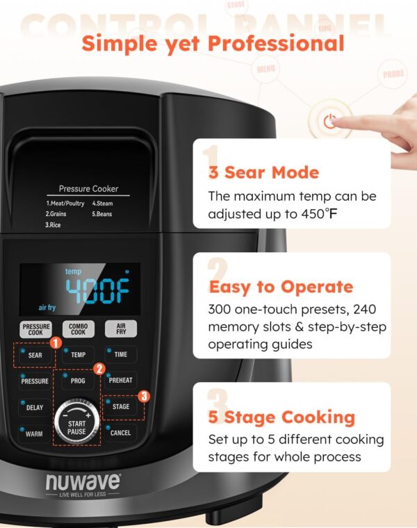 Nuwave Duet Air Fryer and Electric Pressure Cooker Combo with 2 Switchable Lids, 300 FoolProof One-Touch Presets, Crisp&Tender Tech, 6QT Heavy-duty Stainless Steel Pot, 15+ Safety Features - Image 6