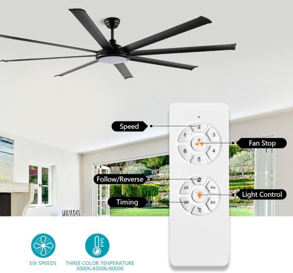 WINGBO 72 Inch Industrial Ceiling Fan with Light and Remote, 8 Aluminum Blades Ceiling Fan, 3CCT, 6-Speed Reversible Noiseless DC Motor for Kitchen Bedroom Living Room, Matte Black - Image 7