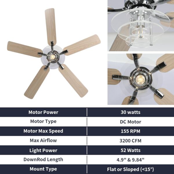 52 Inch Low Profile Ceiling Fans with Lights Chandelier Ceiling Fan with Remote Control 6-Speed Noiseless Reversible DC Motor Windmill Ceiling Lighting Fan for Kitchen Bedroom Living Room Patio - Image 7