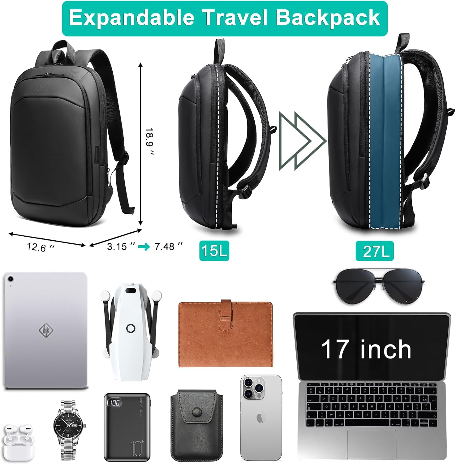 Business Backpack for Men 17 Inch,Slim & Expandable Waterproof Travel Laptop Backpack with USB Charger Port,Anti-Theft Lightweight Large Work Computer Bag,College Laptop Backpacks Gifts for Men Women - Image 8