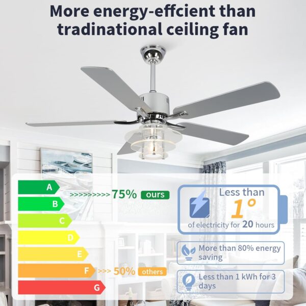 52 Inch Low Profile Ceiling Fans with Lights Chandelier Ceiling Fan with Remote Control 6-Speed Noiseless Reversible DC Motor Windmill Ceiling Lighting Fan for Kitchen Bedroom Living Room Patio - Image 5