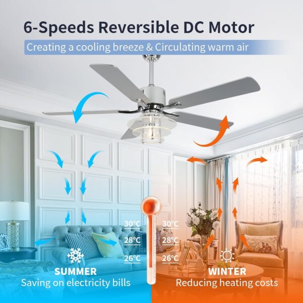 52 Inch Low Profile Ceiling Fans with Lights Chandelier Ceiling Fan with Remote Control 6-Speed Noiseless Reversible DC Motor Windmill Ceiling Lighting Fan for Kitchen Bedroom Living Room Patio - Image 4