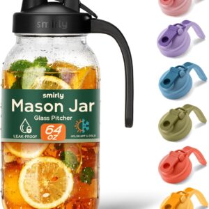 SMIRLY 64 oz Mason Jar Pitcher,Glass Pitcher with Wide Mouth,Water Jug with Double Leak Proof Lid for Iced Coffee,Hot Water,Breast Milk