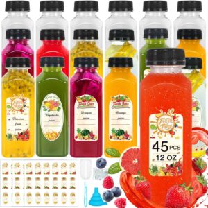 Plastic Juice Bottles with Caps 12 OZ, 45 Pcs Juice Bottles Clear Empty Reusable Juice Bottle with Tamper Lids for Juicing Refillable Juice Bottles for Travel