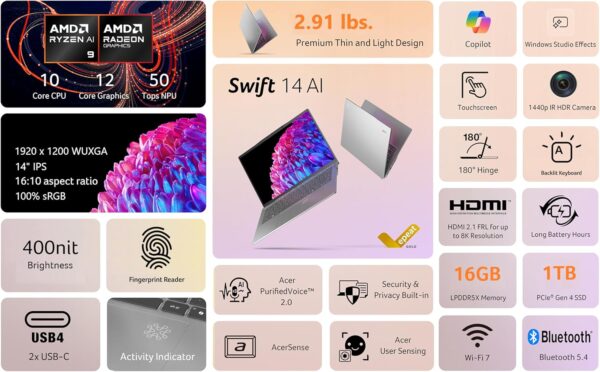Acer Swift 14 AI Copilot+ PC | 14" WUXGA 16:10 Touch Display | AMD Ryzen AI 9 365 10-Core (Up to 5.0GHz & Up to 73 Tops) | AMD Radeon 880M | 16GB LPDDR5X | 1TB Gen 4 SSD | Wi-Fi 7 | SF14-61T-R49D - Image 9