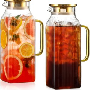 2 Pack 2 Liter/68 oz Square Glass Pitcher with Lid, Classic Stripes Water Pitchers with Handle for Fridge, Large Jug for Iced Tea, Coffee, Borosilicate Glass Carafe for Hot/Cold Brew Drink, Gold