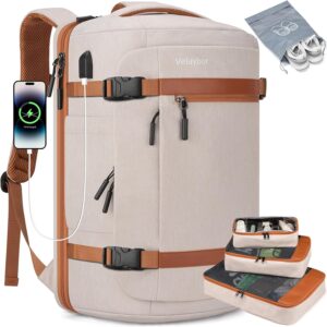 42L Travel Backpack with 4 Packing Cubes, TSA Friendly Flight Approved Carry-On Bag with USB Charging Port, Water-Resistant Weekender Business Backpack for Men Women, Fits 17.3" Laptop(Beige)