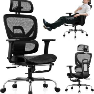 Synorla Ergonomic Office Chair with Footrest, Mesh Desk Chair with 135° Recline, Adjustable Lumbar Support, 3D Armrests and Headrest, Swivel Computer Chair for Home Office