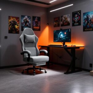Ergonomic Gaming Chair, Video Game Chair with Massage Lumbar Support and Footrest, Height Adjustable Fabric Computer Chair with Pocket Spring Cushion