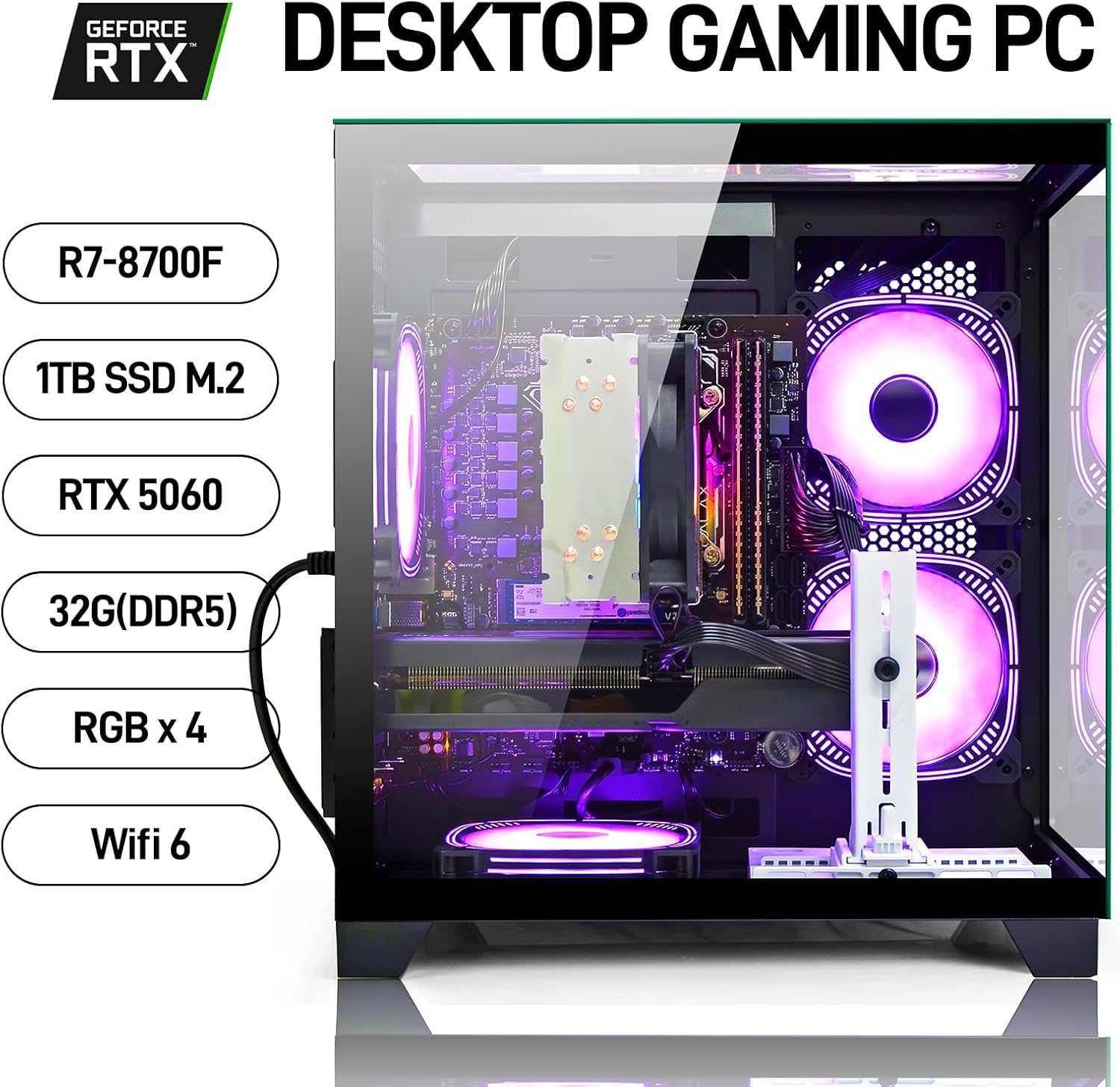 LXZ Gaming PC Desktop Ryzen 7 8700F | 32GB DDR5 RAM | GeForce RTX 5060 8GB | High-Performance Gaming & Design Computer, Black Tower PC - Image 7