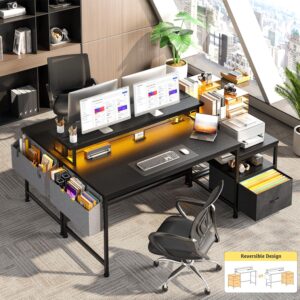 Gaming Desk with Power Outlets and LED Lights,57" Computer Desk with Drawers and Printer Space,Office Desk with File Drawers Cabinet,Gaming Table with Shelves Monitor Stand,Study Room,Black